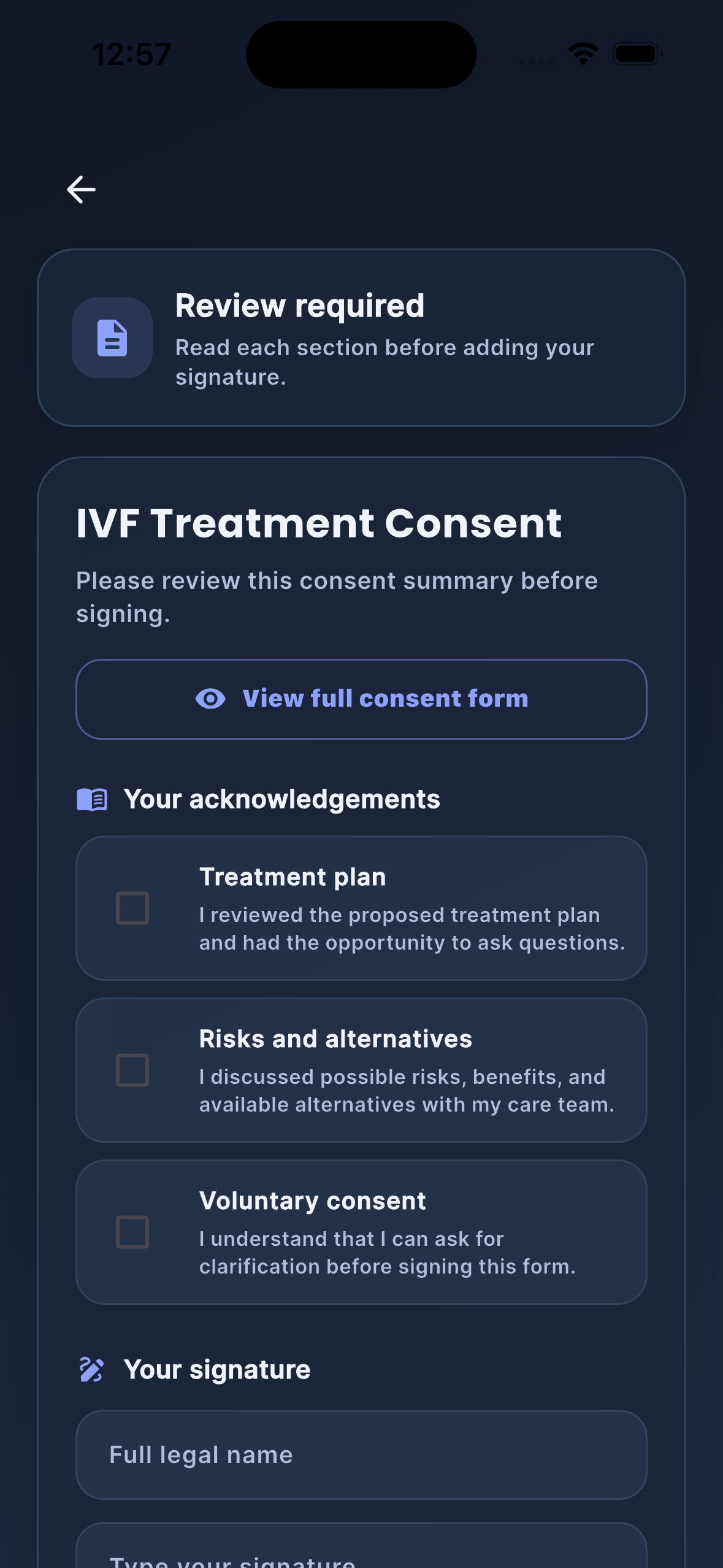 Cycle Care IVF treatment consent screen in dark mode