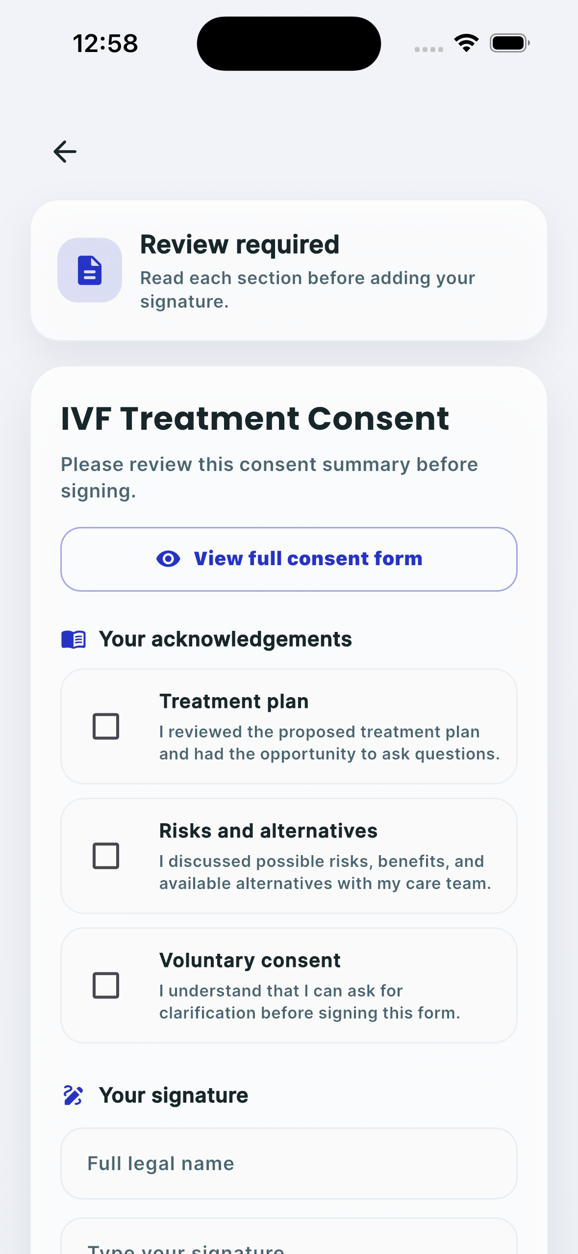 Cycle Care IVF treatment consent screen in light mode