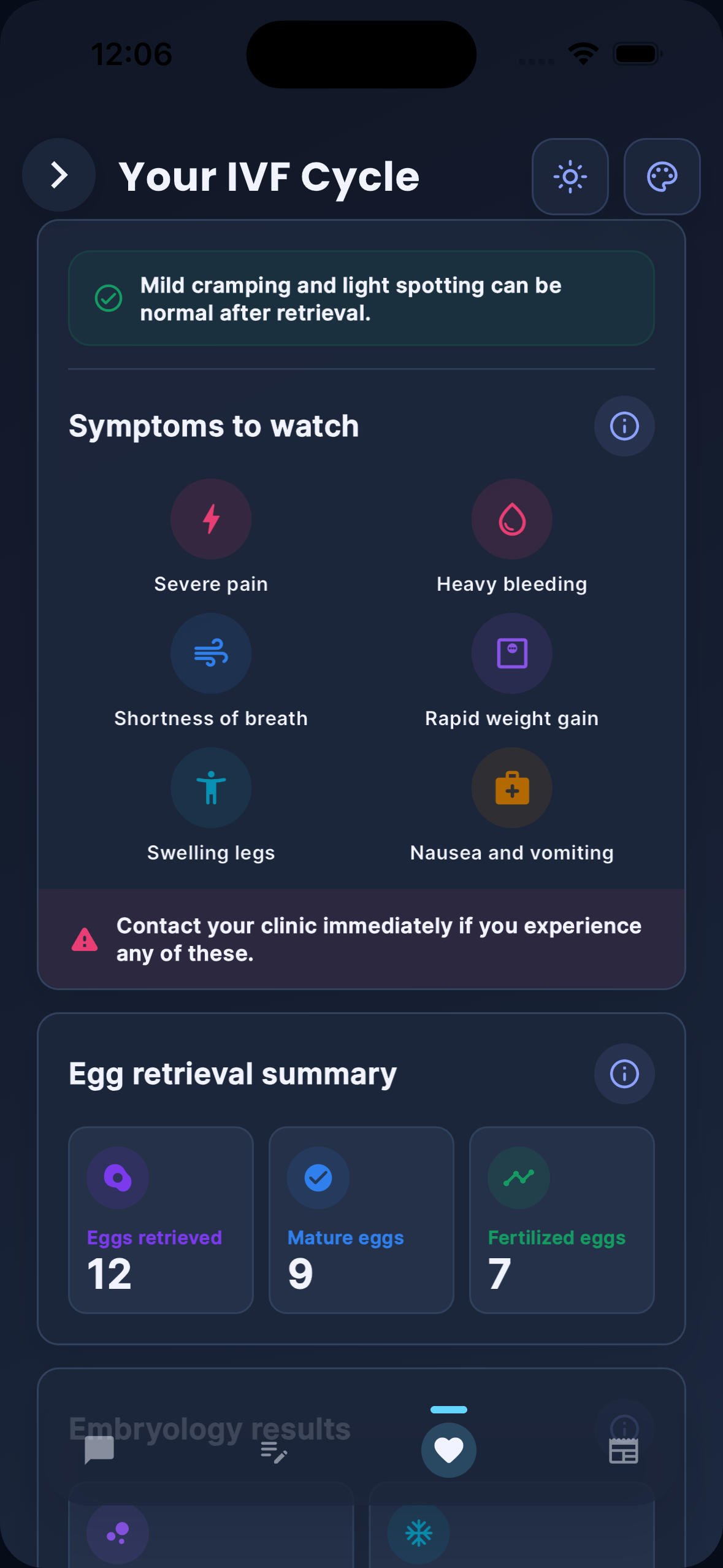 Cycle Care IVF cycle screen showing symptoms to watch and egg retrieval summary in dark mode