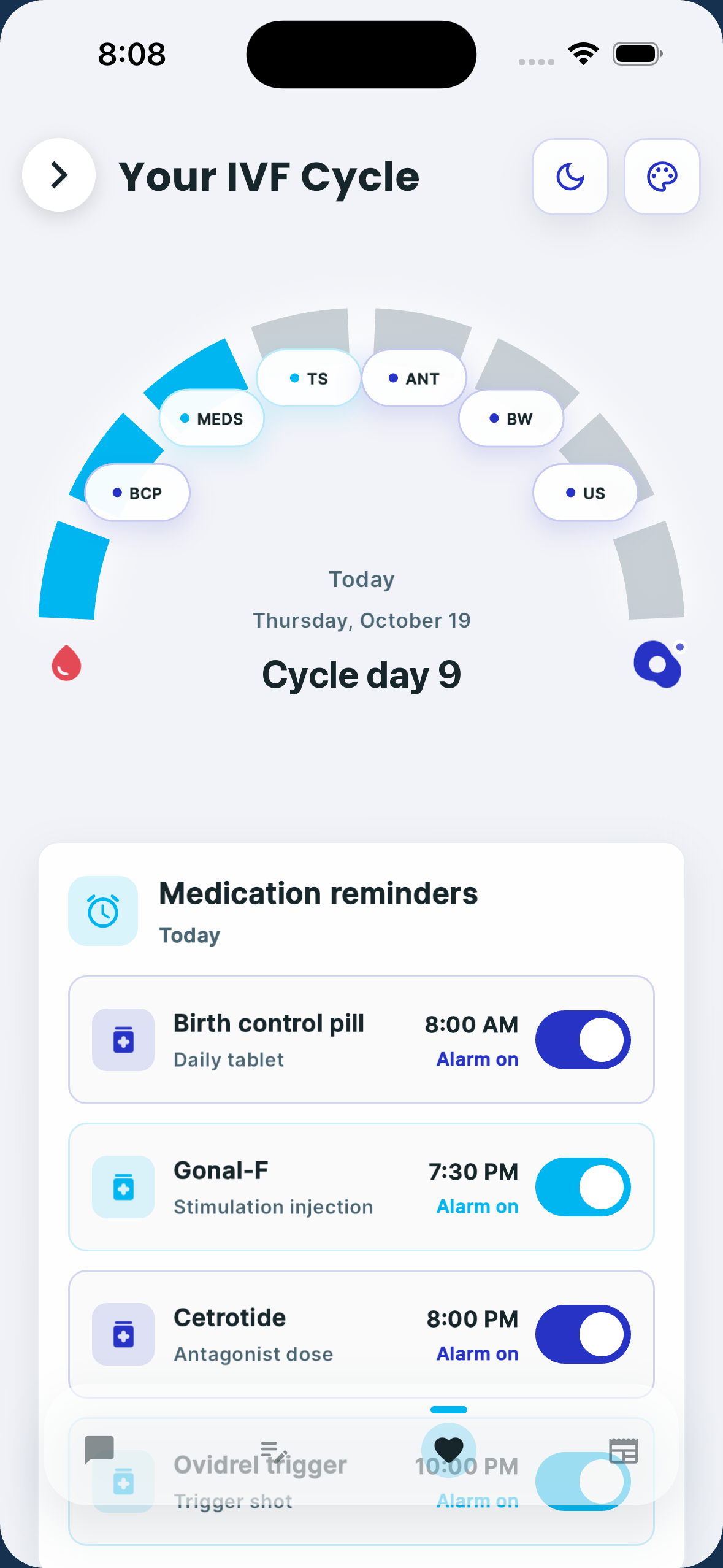Cycle Care IVF cycle screen showing cycle progress and medication reminders in light mode