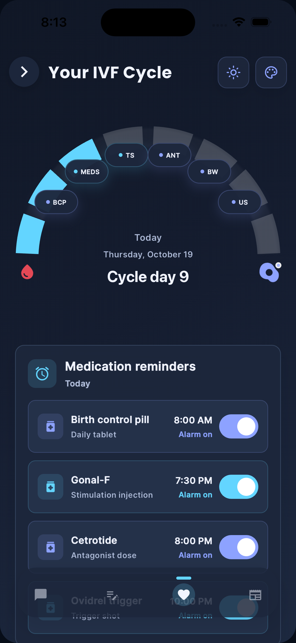 Cycle Care IVF cycle screen showing cycle progress and medication reminders in dark mode