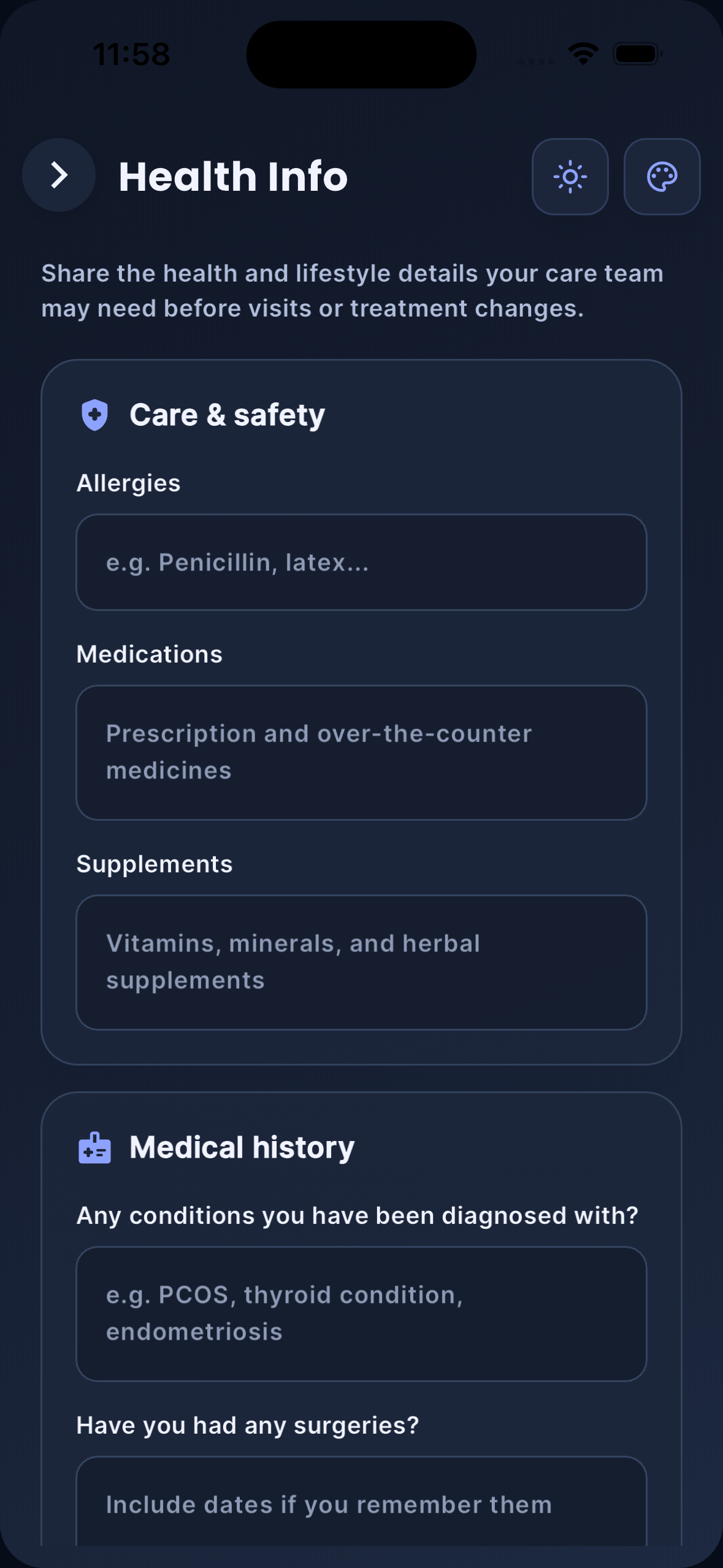Cycle Care health information screen in dark mode