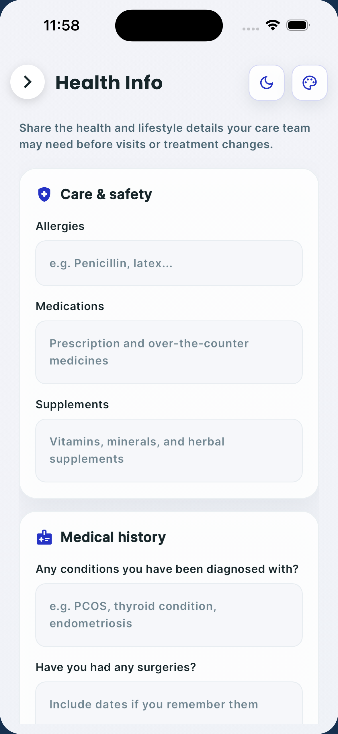 Cycle Care health information screen in light mode