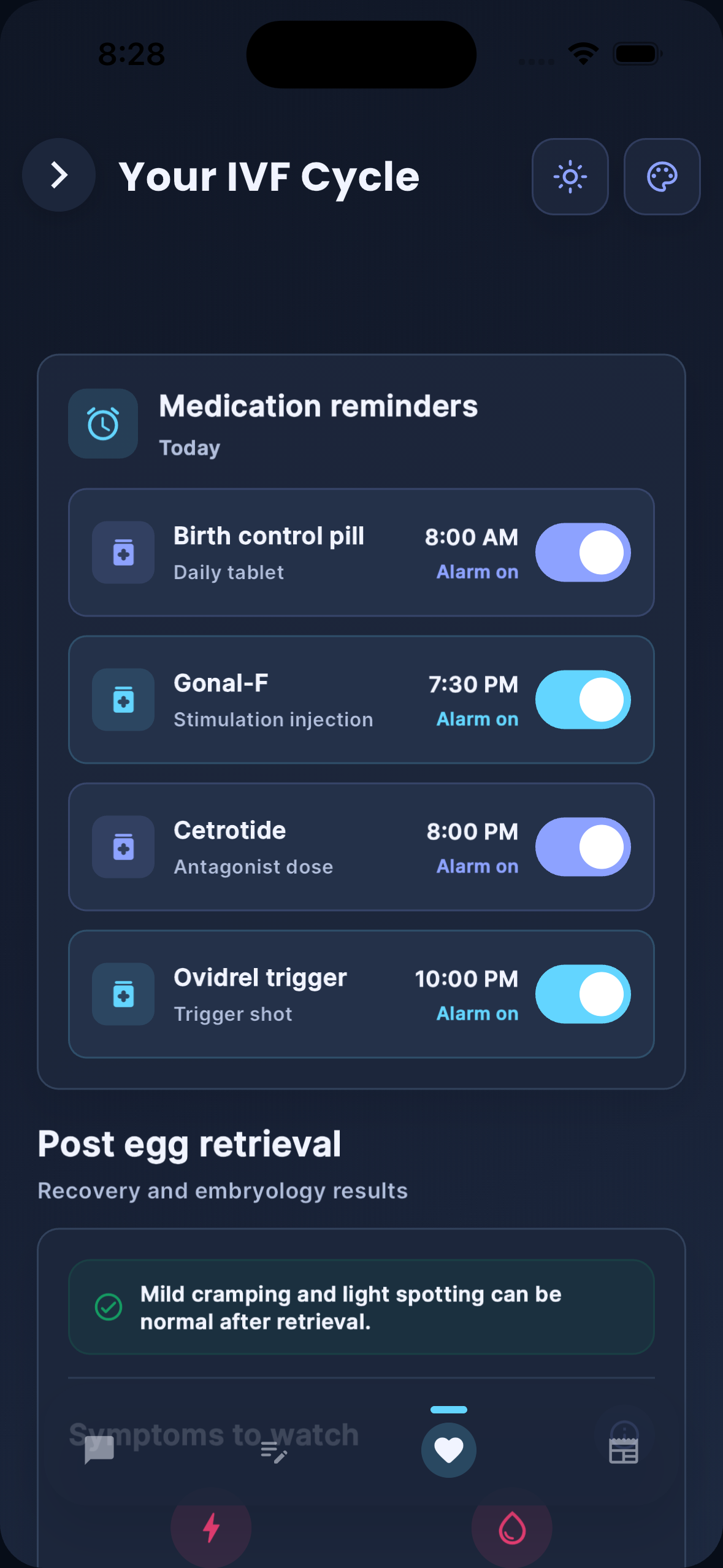 Cycle Care medication reminder screen in dark mode