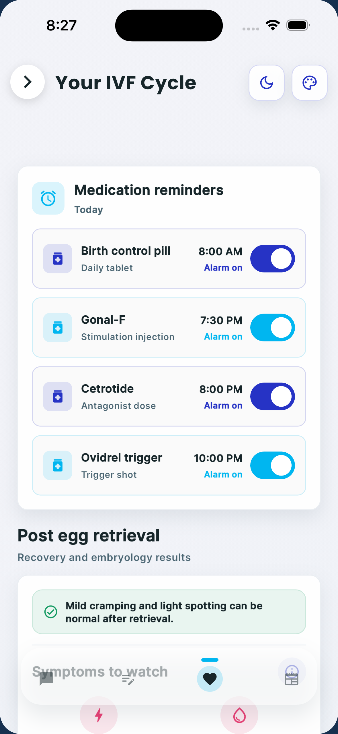 Cycle Care medication reminder screen in light mode