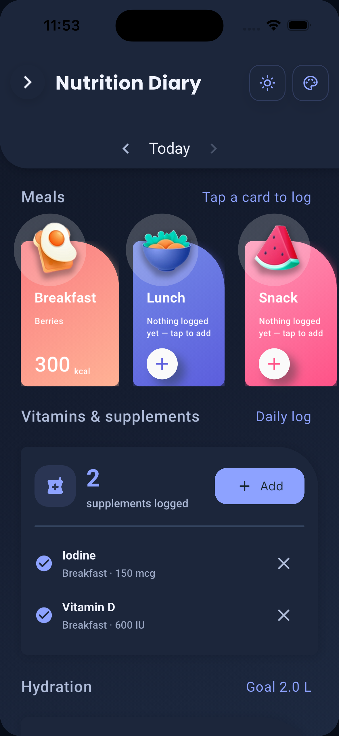 Cycle Care nutrition diary screen in dark mode