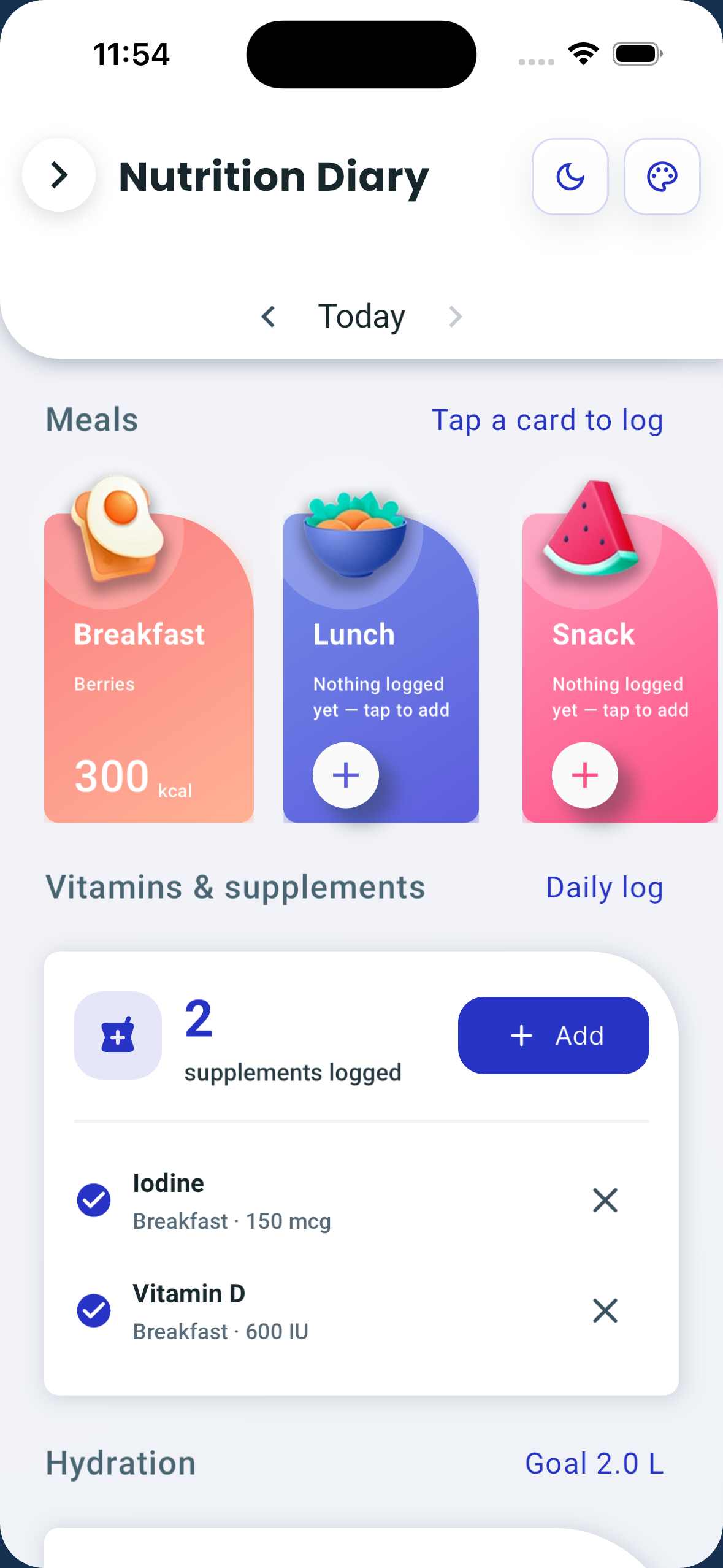 Cycle Care nutrition diary screen in light mode