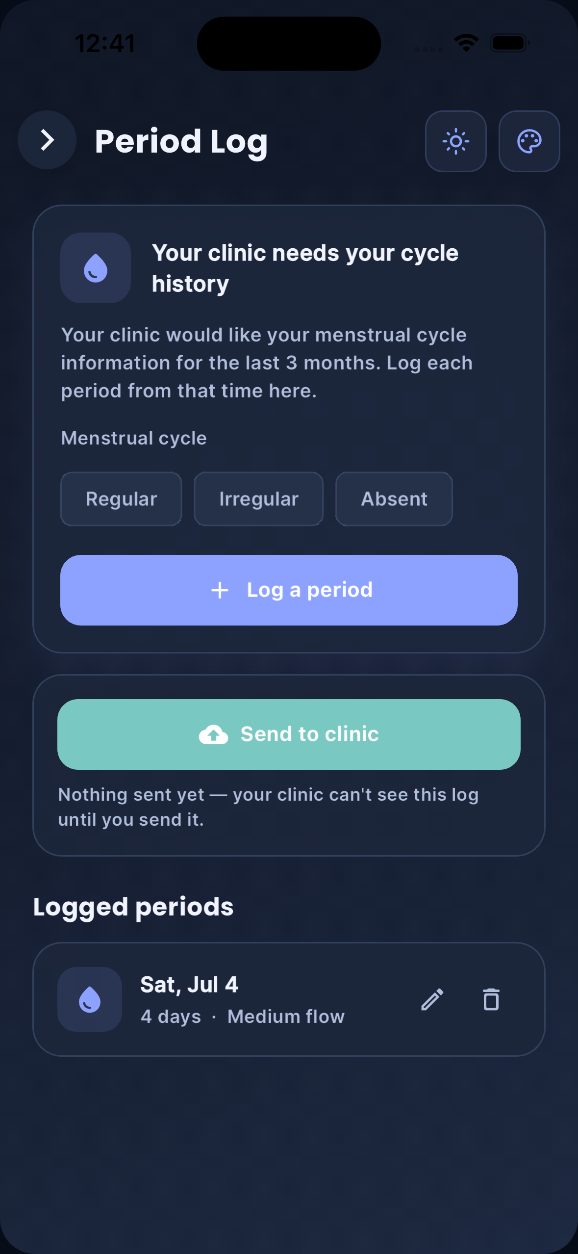 Cycle Care period log screen in dark mode