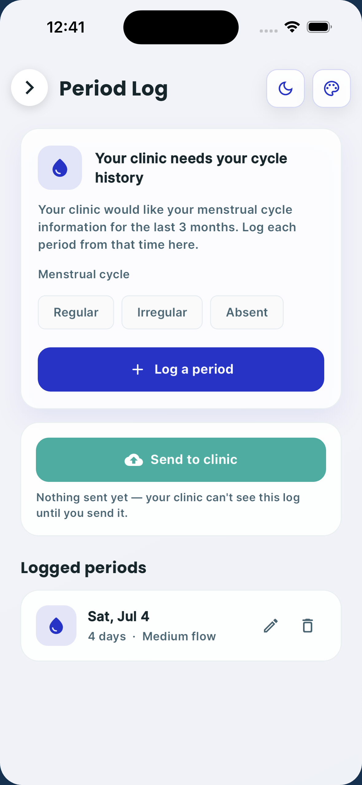 Cycle Care period log screen in light mode
